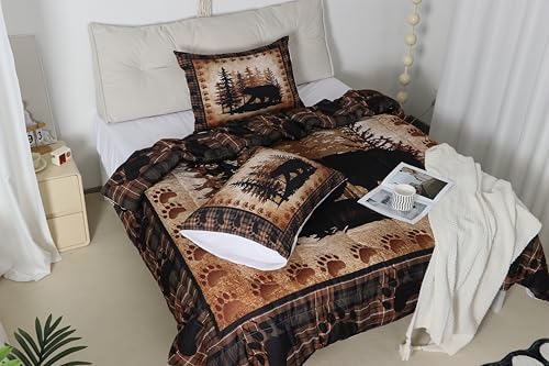 Castle Fairy Bear Print Full Size Comforter Set,Wild Animal Hunt Pine Trees Retro Bedding Comforters Bedroom Collection,Rustic Grid Plaid Cabin Decor Bedding Set for Girls Teens
