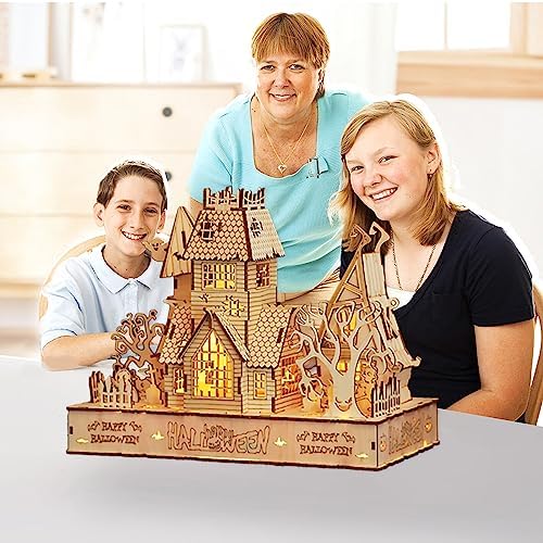 3D Wooden Halloween Haunted House Puzzles, Wood Creative Glow in The Dark Haunted House Puzzle, Assembly Model Building Kits to Build for Adults, Halloween Decor Model Kits