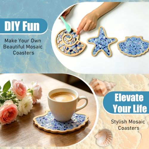 luperasol 6 Sets DIY Ocean Mosaic Tiles for Crafts Mixed Color Glass Mosaic Kits Wooden Coaster for Drinks Tray Handmade Home Decoration and Gift Idea