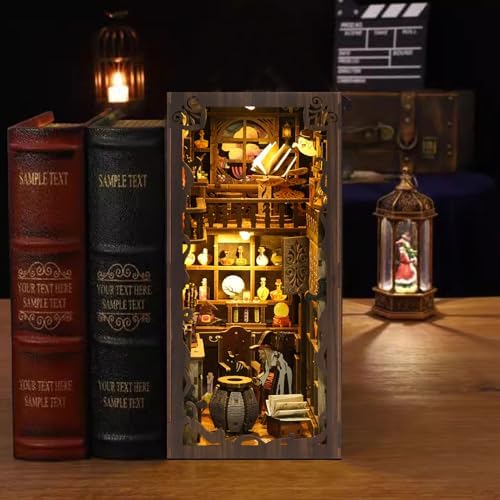 Magic Academy Book Nook Kit with LED Lights - 3D Wooden DIY Miniature Library for Bookshelf Decor, Gift for Harry Potter Fans