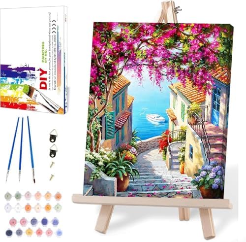 MIRCVSH Landscape Paint by Numbers for Adults with Framed Canvas-with Wooden Easel,Paint by Number on Canvas,DIY Acrylic Oil Painting Kits with Brushes Nice Gift Box for Home Wall Decor(12x16 Inch)