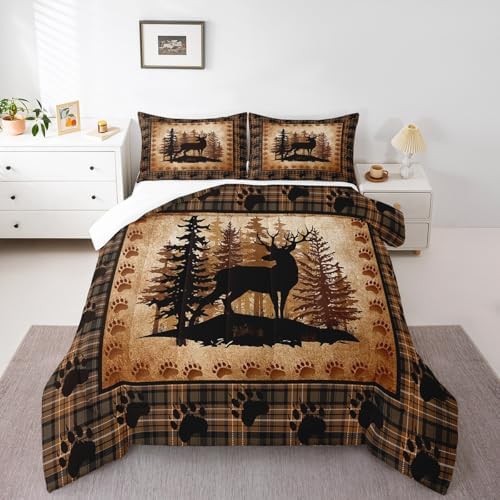 Castle Fairy Deer Bear Plaid Comforter Set Twin Size,Animal Hunting Bear Print Bedding Set for Kids Boys Men,Pine Trees Rustic Retro Grid Quilted Duvet Set with 1 Pillowcase