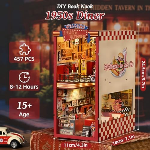 fifijoy Book Nook Kit for Adults, 1950s Diner Bookshelf Insert
