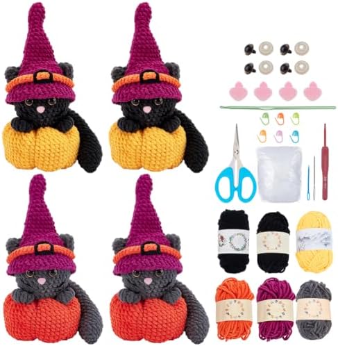 ORIGACH 4 Set Halloween Witchy Cat Crochet Kit for Beginners
