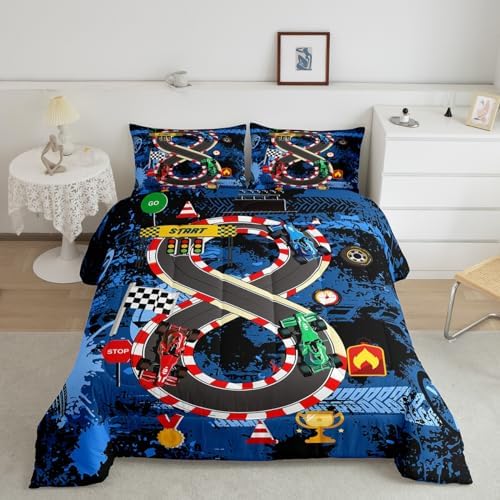 Full Size Comforter Sets for Boys Kids,Racing Car Bedding Comforter Sets,Cars Bedding for Teens Men,Cars Lover Bedding,Cool Race Cars Quilt Bed Set with 1 Comforter 2 Pillowcases(Blue Red)