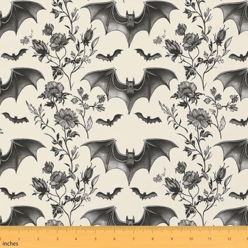 Bats Halloween Decoration Upholstery Fabric for Chairs Gothic Outdoor Fabric by The Yard 362"x63", Boho Vintage Floral Baroque Decor Goth Waterproof Fabric