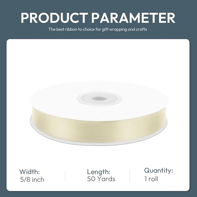 KMER LIFE 5/8" Wide x 50 Yards Ivory Single Faced Polyester Satin Ribbon - Image 2