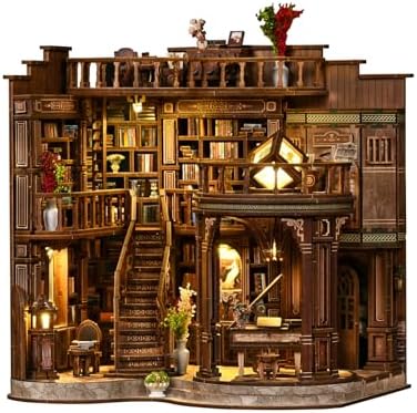 Book Nook Vintage Library Wooden DIY Kit - 3D Bookshelf Model with LED Lighting, Classic Study Room Decor for Adults