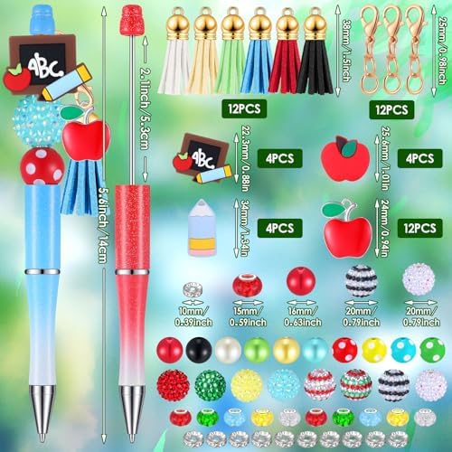 Jutom 12 Pcs Teacher Beadable Pens with 50 Colorful Beads 12 Tassels 12 Pendants Silicone Focal Bead for DIY Making Kit Pens Back to School End of The Year Office Teacher Christmas Appreciation Gift