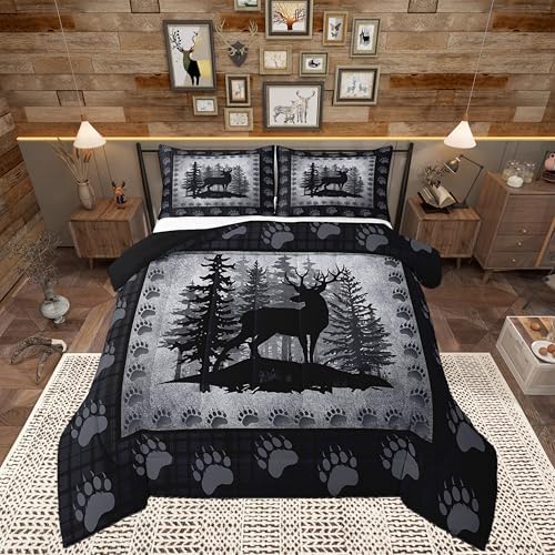 Rustic Deer Plaid Kids Comforter Set King Size,Wildlife Hunt Lodge Decor Bedding Set All Season Bear Paw Print Quilt Set with 2 Pillowcases,Pine Trees Farmhouse Country Grid Polyester Comforter, Gray