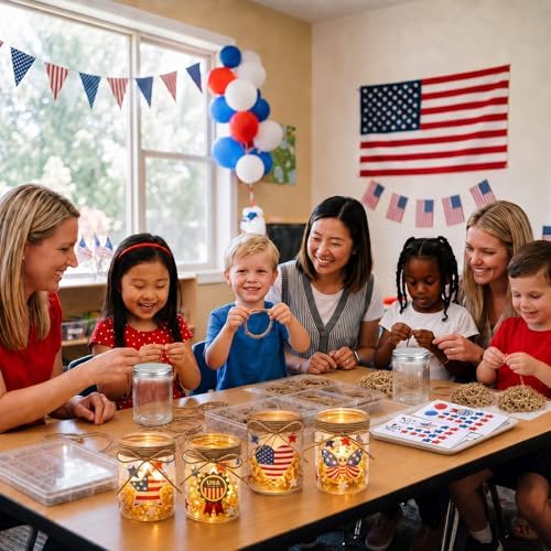 24 Sets 4th of July DIY Craft Kits Patriotic Plastic Mason Jar Making Craft Gifts Bulk American Flag Table Centerpieces 250th Independence Day Decoration for Anniversary Classroom Activities