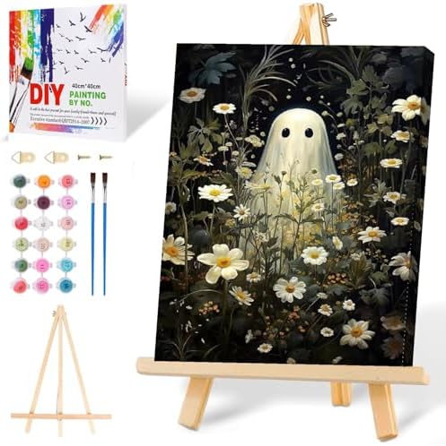 Halloween Paint by Numbers for Adults with Framed Canvas-with Wooden Easel,Ghost Paint by Number on Canvas,DIY Acrylic Oil Painting Kits with Brushes Nice Gift Box for Home Wall Decor(12x16 Inch)