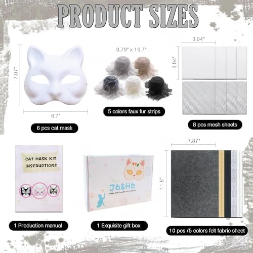 J6&H6 31 Pcs DIY Therian Mask Kit with Exclusive Funny Stickers, Blank Cat Mask,Fabric Sheet, Faux Fur and Eye Mesh Suitable for Christmas Ghost Role-Playing Parties(Grey)