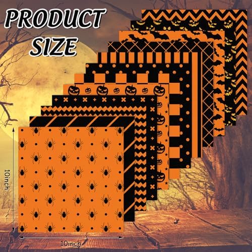 Whaline 12Pcs Halloween Cotton Fabric Bundles 10 x 10 Inch Spider Pumpkin Bat Plaid Stripe Dot Fabric Squares Orange Black Squares Sewing Fabrics for DIY Craft Party Decor