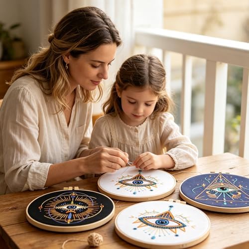 Qupace 3 Pcs Halloween Black Celestial Embroidery Kit, Star Moon Hand Embroidery Set with Bamboo Hoop, DIY Boho Cosmic Craft Supplies for Wall Decor Gift