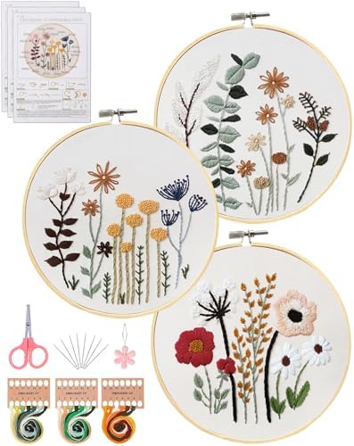 Santune 3 Sets Embroidery Kit,Cross Stitch Kits for Beginners,Needlepoint Kits for Adults with Easy Floral Pattern Hand Crafts,Hoop,Needle,Mothers Day Gifts