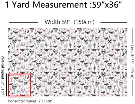 Sketch Skull Fabric by The Yard Mushroom Pink Poppy Plants No Stretch Fabric for Sewing Supplies Gothic Style Moth Spider Web Soft Polyester for Home DIY Projects 2 Yards Whole Piece,72" L x 59" W