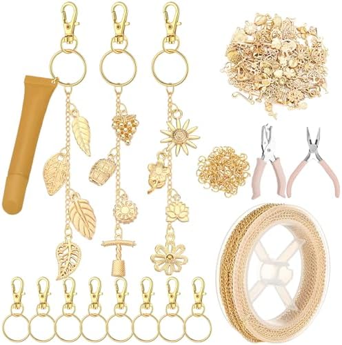 VioraWhite 213 Pcs Gold Keychain Making Kit Summer Bag Charm Kit Lip Gloss Keychain 100 Enamel Charms 32.81 ft Gold Chains for DIY Crafts Women