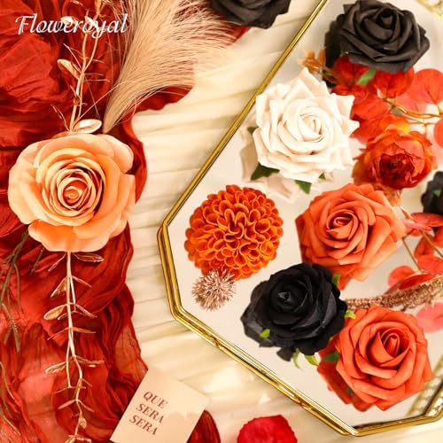 Floweroyal Halloween Artificial Flowers Black Flowers Mix Silk Flowers Fake Roses with Stems for DIY Wedding Bridal Bouquets, Baby Shower, Floral Arrangement, Table Centerpieces, Home Decorations