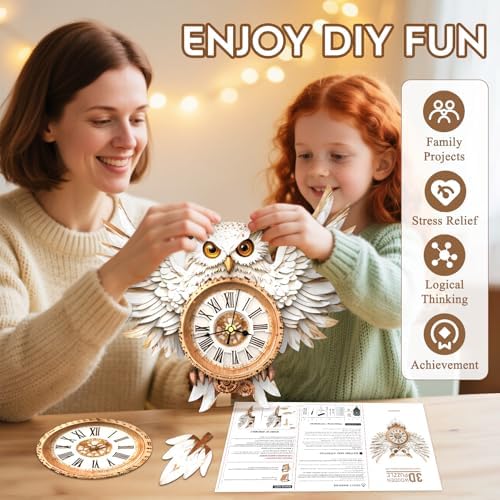 3D Puzzles for Adults Wooden Snowy Owl Clock Puzzle Adult Crafts
