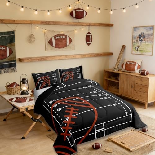 American Football Field Queen Size Comforter Set,Boys Ball Sports Games Themed Bedding Set with 2 Pillowcases,Brown Rugby Gloves Sporting Equipment Breathable Polyester Bedding Comforters