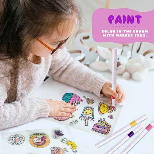 Yrinfay 89PC DIY Unicorn Shrinking Plastic Art Kit - 46 Pre-Cut Shapes, 12 Markers & Accessories - Make Charms, Keychains & Tags - No-Mess Craft for Kids - Birthday Gift with Shrinking Plastic Sheets