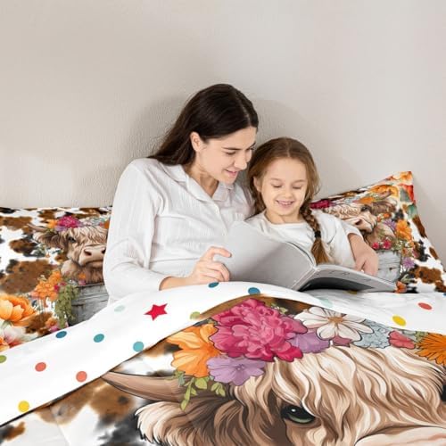 Highland Cattle Cup Comforter Set for Kids Adults,Retro Cow Skin Farmhouse Animal Soft Bedding Comforter Sets Twin,Watercolor Wild Flowers Rustic Style Quilt Comforter with 1 Pillowcase