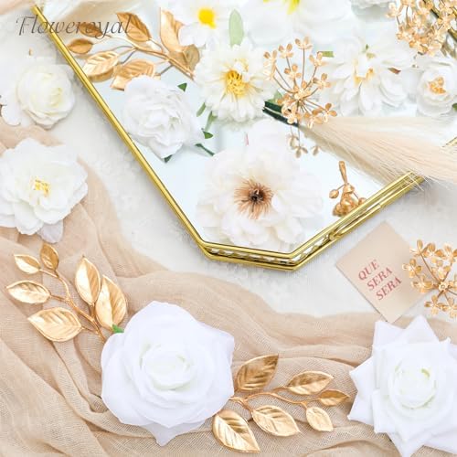 Floweroyal Artificial Flowers Combo Pure White Flowers Mix Silk Flowers Fake Roses with Stems for DIY Wedding Bridal Bouquets, Baby Shower, Floral Arrangement, Table Centerpieces, Home Decorations.