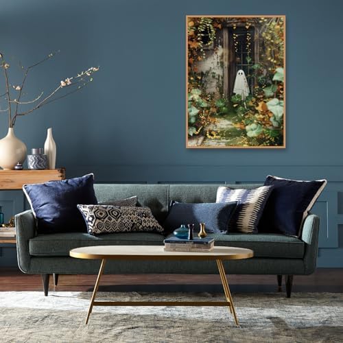 Halloween Paint by Numbers for Adults with Framed Canvas-with Wooden Easel,Ghost Paint by Number on Canvas,DIY Acrylic Oil Painting Kits with Brushes Nice Gift Box for Home Wall Decor(12x16 Inch)