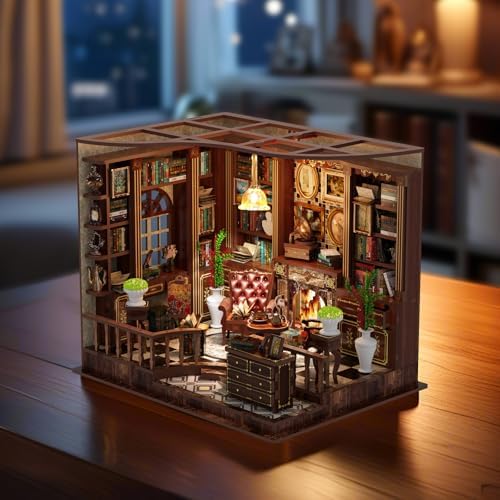Parisian Library Book Nook DIY Kit - 3D Wooden Study Model with Touch-Sensor LED Light, Vintage Bookshelf Decor for Adults