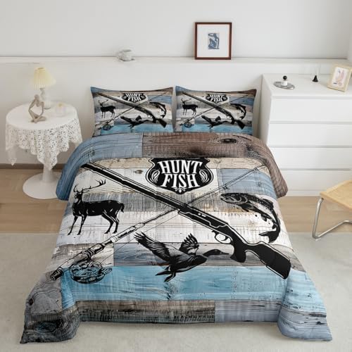 Hunt Fish Comforter Set Twin Size,Deer Bird Fish Animal Hunting Quilt Set for Kids Boys Bedroom Gift,Rustic Retro Wooden Board Polyester Bedding Set with 1 Pillowcase,2Pcs
