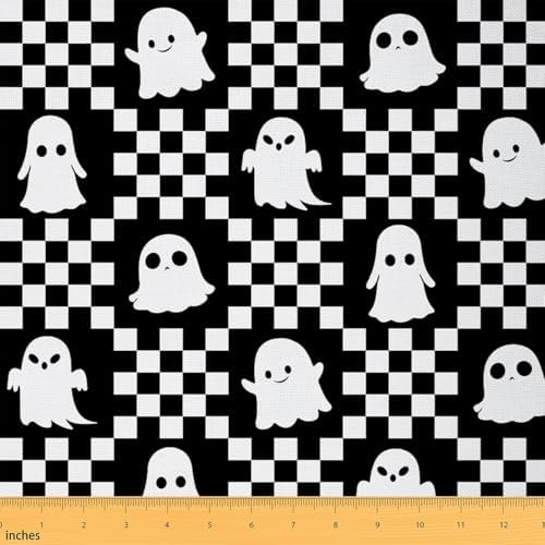Feelyou Happy Halloween Soft Flannel Fabric by The Yard Kids 10 Yards Cute Checkered Ghost Upholstery Fabric Black White Checkerboard Plaid Trick or Treat for Home DIY Projects, Indoor Decor