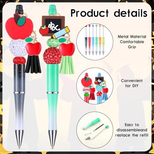 Jutom 12 Pcs Teacher Beadable Pens with 50 Colorful Beads 12 Tassels 12 Pendants Silicone Focal Bead for DIY Making Kit Pens Back to School End of The Year Office Teacher Christmas Appreciation Gift
