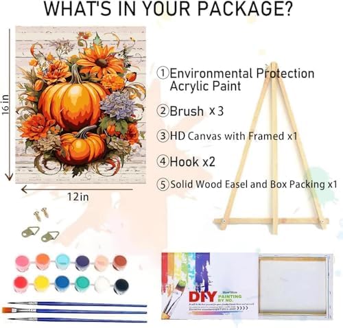 Fall Paint by Numbers for Adults with Framed Canvas-with Wooden Easel,Paint by Numbers Kits Framed Canvas,DIY Acrylic Oil Painting Kits with Brushes Nice Gift Box for Home Wall Decor(12x16 Inch)