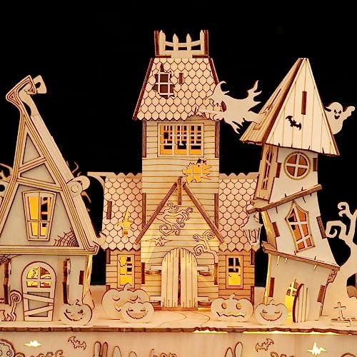 3D Wooden Halloween Haunted House Puzzles, Wood Creative Glow in The Dark Haunted House Puzzle, Assembly Model Building Kits to Build for Adults, Halloween Decor Model Kits