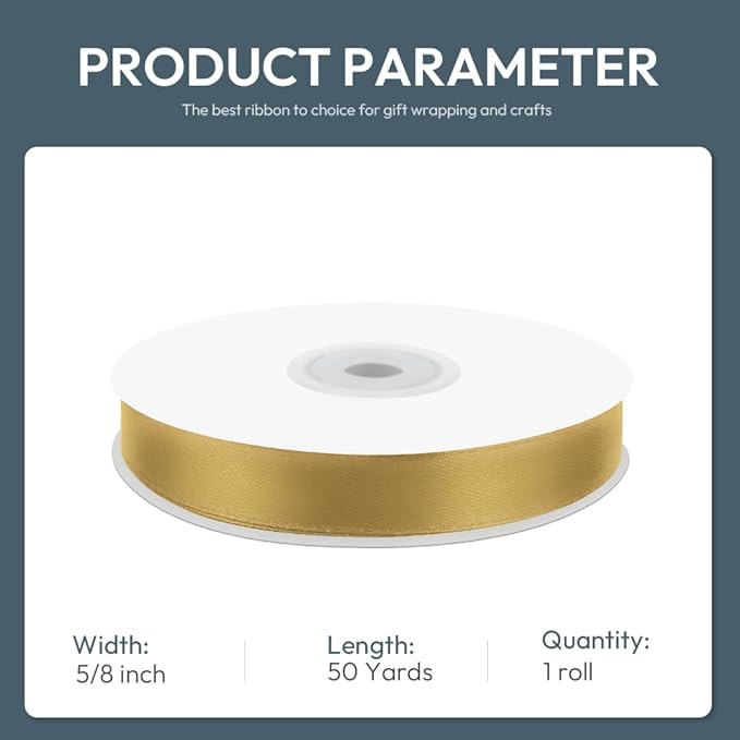 KMER LIFE 5/8" Wide x 50 Yards Golden Single Faced Polyester Satin Ribbon - Image 2