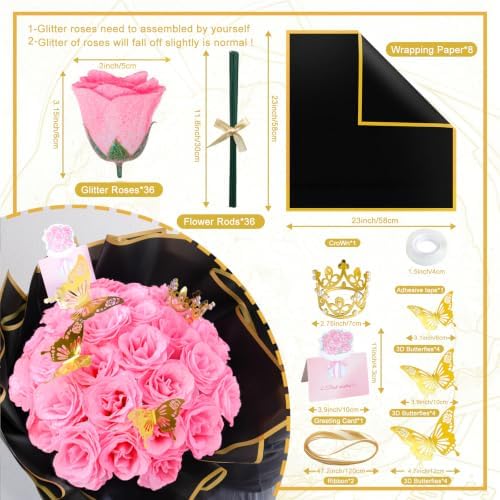 36 Pack Glitter Roses Bouquet Kit - DIY Fake Shiny Flowers with Stems Butterfly Crown Eternal Floral for Graduation Handmade Wedding Bouquet Anniversary Birthday Gift - Light Pink