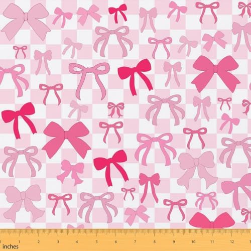 Pink Bow Upholstery Fabric for Chairs | White Buffalo Plaid Fabric by The Yard 36"x63", Cute Dreamy Princess Ribbon Bowknot Kawaii Geometric Bow Tie Sewing Fabric DIY Projects