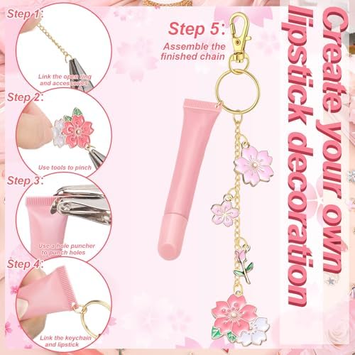 VioraWhite 213 Pcs Floral Keychain Making Kit Bag Charm Kit Lip Gloss Keychain 100 Pink Enamel Charms 32.81 ft Gold Chains for DIY Crafts Women