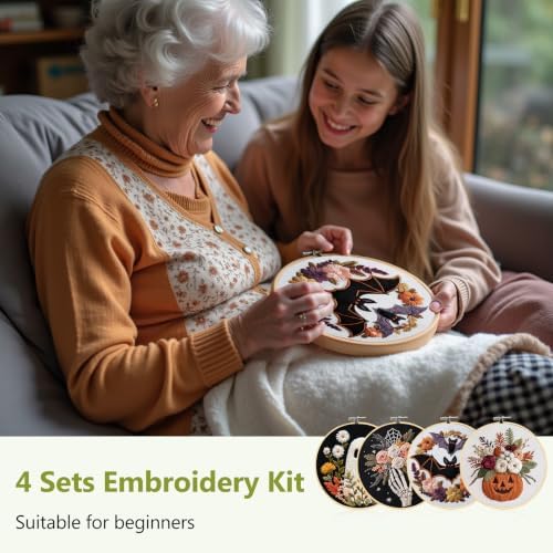 Santune Halloween Embroidery kit,Fall Needlepoint Cross Stitch Kits for Beginners Adult,Needle Point Sets,4 Embroidery,2 Hoops,Halloween Ornaments