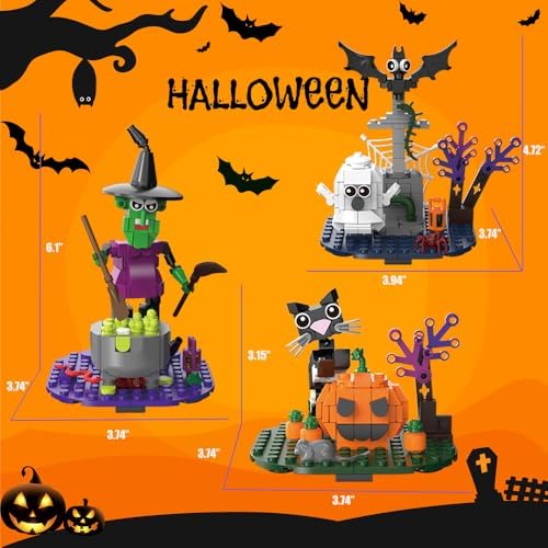Halloween Building Blocks Set - Pumpkin Ghosts Witch Cat Grave Kit, Party Favors Gift Ornament for Kids