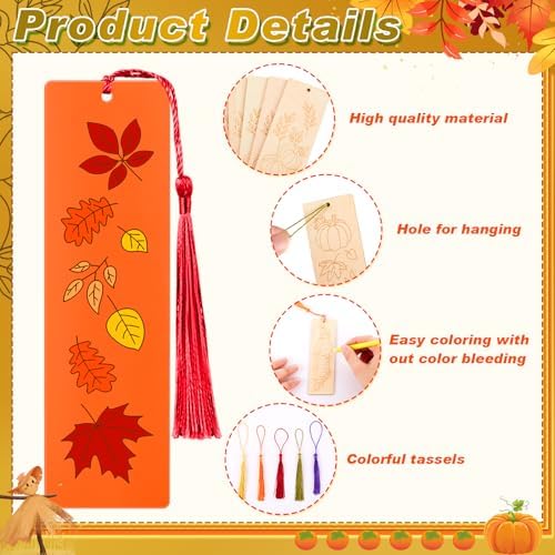 200 Pcs Fall Wood Bookmarks to Color Bulk, Color Your Own with Tassels