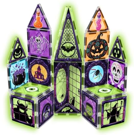 CreateOn Crayola Halloween Glow Magnetic Haunted House Tiles Set, Building Set for Kids, STEM Toys for Boys and Girls Ages 3 and Up, 28-Piece Set