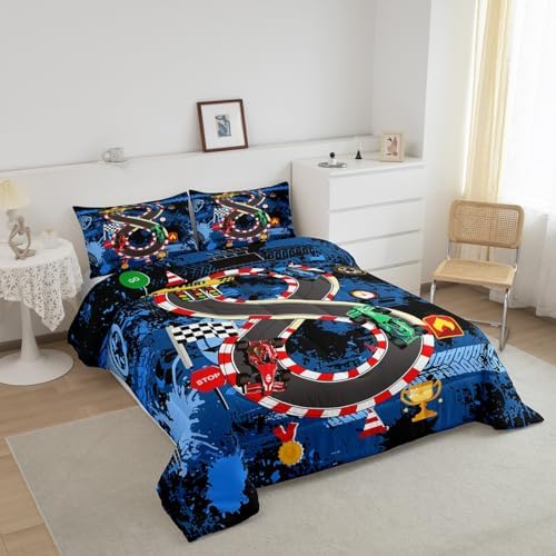 King Size Comforter Sets for Boys Kids,Racing Car Bedding Comforter Sets,Cars Bedding for Teens Men,Cars Lover Bedding,Cool Race Cars Quilt Bed Set with 1 Comforter 2 Pillowcases(Blue Red)