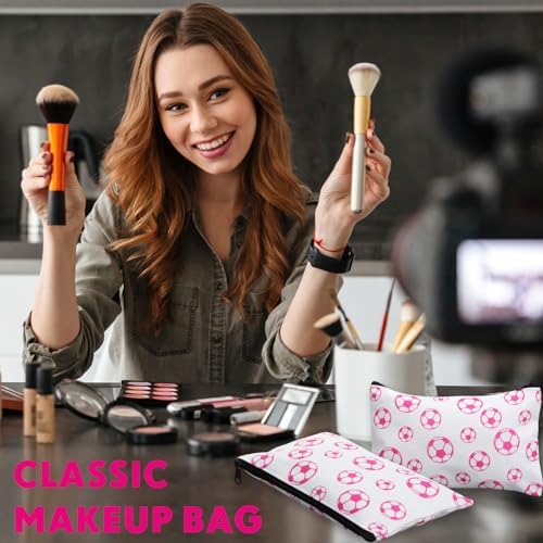 Eccliy 20 Pcs Soccer Makeup Bag Cosmetic Bag Canvas Gifts Sport Soccer Themed Accessories for Girls Toiletry Pouch with Zipper for Women Party Shopping Home Travel, 8 x 5 Inch