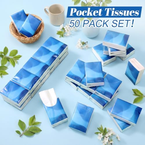 Outus 50 Pack Blue Wave Travel Size Pocket Tissues 400 Sheet Total