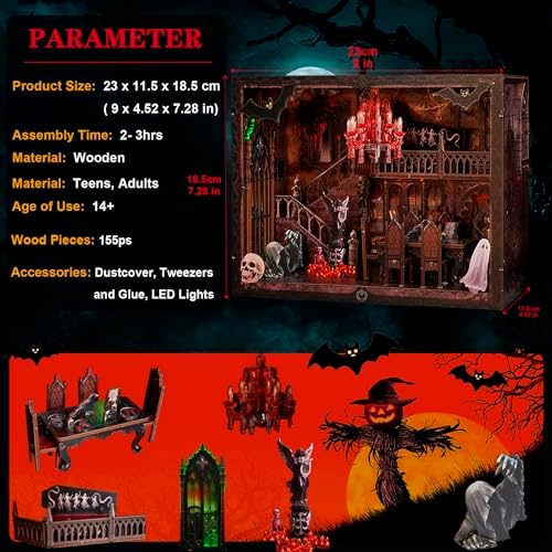 Haunted Manor DIY Miniature House Kit with LED Lights - Gothic Book Nook Decor, 3D Wooden Puzzle for Adults, Halloween Home Decoration (AAA Batteries Not Included)