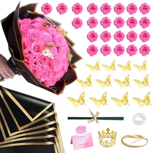CCYXSHOW DIY Glitter Roses Bouquet 24 Pack - Hot Pink Artificial Flowers with Stems Wrapping Paper 3D Butterflies Crown for Graduation Anniversary Birthday Gifts