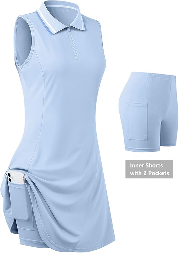 Womens Sleeveless Golf Tennis Dresses with Inner Shorts＆Pockets for Workout Exercise