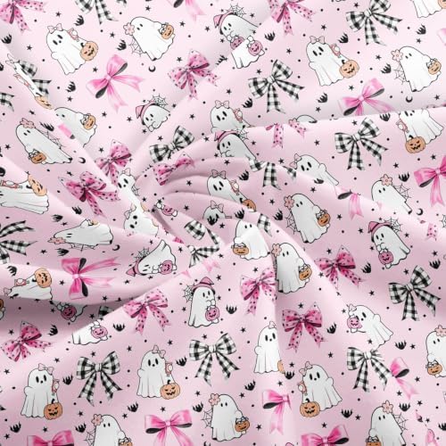 Cartoon Ghosts Fabric by The Yard Halloween Theme Pumpkin Decor Soft Polyester Sewing Fabric Pink Retro Gingham Bow Girly No Stretch Material for DIY Art Craft Making 2 Yard Bolt,72" L x 59" W